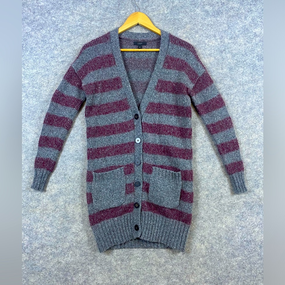 J. Crew Lambswool Blend Cardigan Sweater Women’s Size‎ XXS Burgundy Gray Stripe